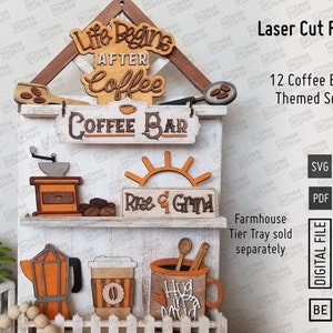 Coffee Bar themed tiered tray set of 11 designs for our farmhouse laser files in SVG and PDF files, Glowforge. Coffee Digital Files