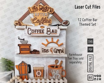 Kaffeebar-Themen-Tablett-Set mit 11 Designs für unsere Bauernhaus-Laserdateien in SVG- und PDF-Dateien, Glowforge. Kaffee digitale Dateien