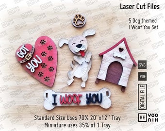 Dog tiered tray laser cut files in SVG and PDF 5 signs set for our cart, truck and house, I woof you laser cut files, Paw laser cut digital