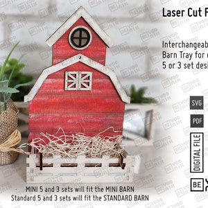 Barn Tray interchangeable Display Shelf laser cut files in SVG and PDF, Seasonal Interchangeable Barn glowforge, Barn Tiered tray, Farm Barn