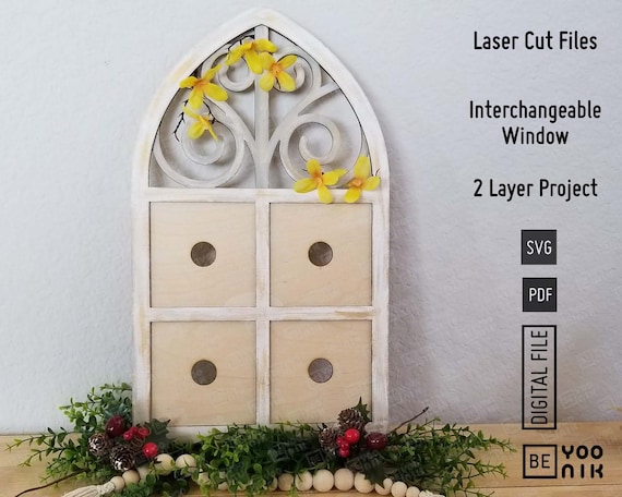 Interchangeable Arched Window Frame Laser Cut Files. Cathedral Window Interchangeable Glowforge files. Ladder Frame laser file