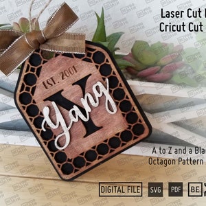 Octagon Pattern Tag with Initials A to Z and a Blank. Laser and Cricut files in SVG and PDF. Initial Family Ornament stocking tag glowforge