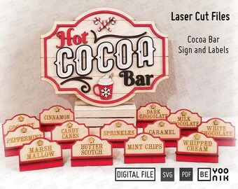 Hot Cocoa bar Sign Set with labels laser cut files in SVG and PDF, Chocolate Bar Sign Laser cut vector, Glowforge Christmas Sign, digital
