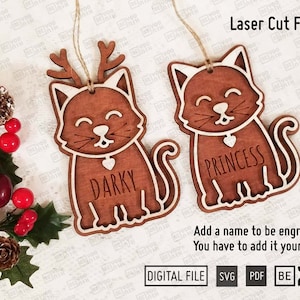 Cat Gingerbread Ornament in SVG, PDF. Cat with Deer antlers gingerbread ornament Glowforge files, Pet ornament laser files. Pet Christmas