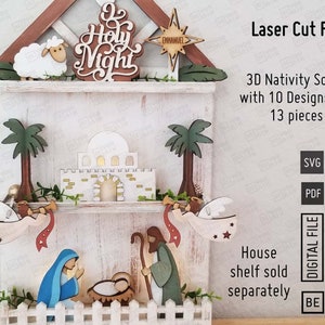 Op de afbeelding: Lasergesneden bestanden voor een 3D-kerststal met 10 ontwerpen en 13 onderdelen. De scène bevat een stal, een ster, een herder, een schaap, een kribbe en engelen. De tekst "O Holy Night" en "Emmanuel" zijn inbegrepen. Het huisrek wordt apart verkocht.