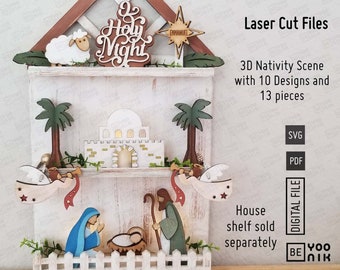 May include: Laser cut files for a 3D nativity scene with 10 designs and 13 pieces. The scene includes a stable, a star, a shepherd, a sheep, a manger, and angels. The text "O Holy Night" and "Emmanuel" are included. The house shelf is sold separately.