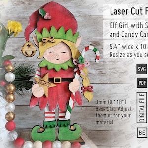 Stojąca Elfka z Gwiazdą Wierzenia i Półką na Cukierki w Lasce Stołowej Pliki Wycinane Laserowo w SVG i PDF. Elfka SVG, Elf Bożonarodzeniowy SVG