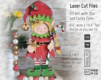 Standing Elf Girl with Believe Star and Candy Cane Shelf Table Sitter Laser Cut files in SVG and PDF. Elf Girl svg, Christmas Elf Svg