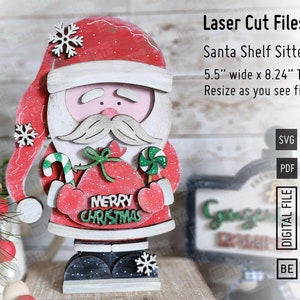 Santa with Gifts and candy cane Standing Shelf Table Sitter Laser Cut files in SVG and PDF. Christmas Santa Sitter laser digital laser files