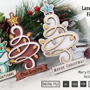 Lighted Christmas Tree ornament Laser Cut ready files in SVG, PDF. Family Tree Ornament, Name Tree Ornament, Glowforge SVG, Christmas tag