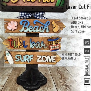 Add on Beach, Tiki Bar, Surf Zone 3 Street Mini Signs in SVG and PDF for our TALL Mini post frame, Interchangeable street signs 5.5" x 1.2"