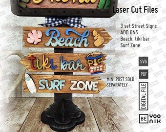 Add on Beach, Tiki Bar, Surf Zone 3 Street Mini Signs in SVG and PDF for our TALL Mini post frame, Interchangeable street signs 5.5" x 1.2"