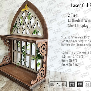 15.2" Tall 2 Tier Cathedral Window Display Shelf Tray laser cut files in SVG and PDF, Window Frame Tiered Tray laser files, Glowforge ready