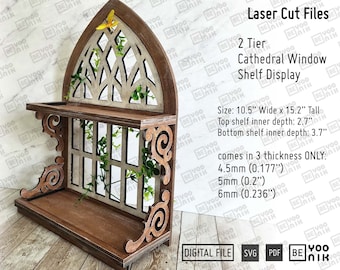 15.2" Tall 2 Tier Cathedral Window Display Shelf Tray laser cut files in SVG and PDF, Window Frame Tiered Tray laser files, Glowforge ready