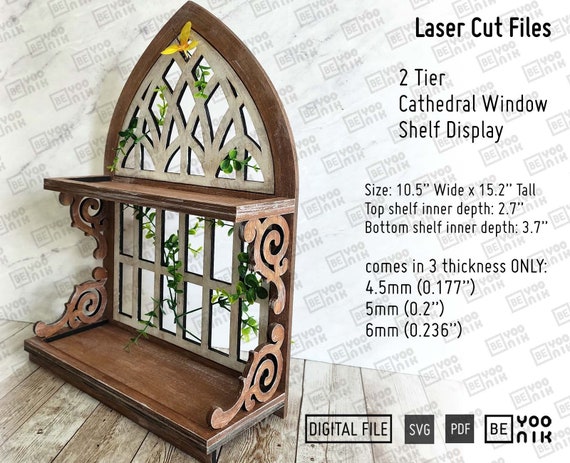 15.2" Tall 2 Tier Cathedral Window Display Shelf Tray laser cut files in SVG and PDF, Window Frame Tiered Tray laser files, Glowforge ready