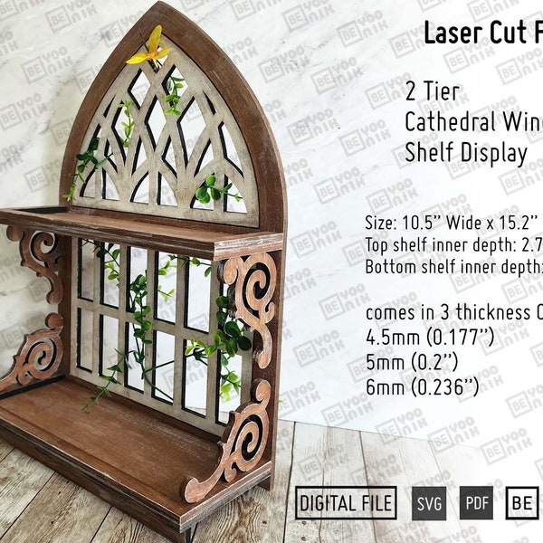 15.2" Tall 2 Tier Cathedral Window Display Shelf Tray laser cut files in SVG and PDF, Window Frame Tiered Tray laser files, Glowforge ready