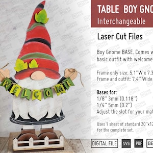 Interchangeable Standing BOY Gnome Base Frame with Banner Welcome, Shelf Table Sitter Laser Cut files in SVG and PDF. Changeable Outfit Svg