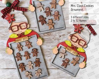 Mrs. Claus Gingerbread Cookie Family Ornament for up to 12 members laser cut files in SVG, PDF Glowforge Ornaments SVG, custom family cookie