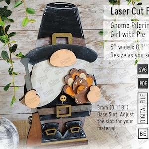 Standing Gnome Pilgrim Men with Shotgun and Turkey Shelf Table Sitter Laser Cut files in SVG and PDF. Pilgrim Gnome boysvg, Thanksgiving svg