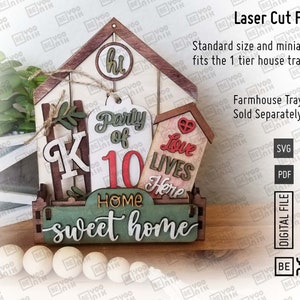 Fichiers laser pour plateaux à plusieurs niveaux Home Sweet Home au format SVG et PDF, lot de 5 plaques pour nos plateaux. Taille MINI et Standard. Alphabet des initiales de la famille