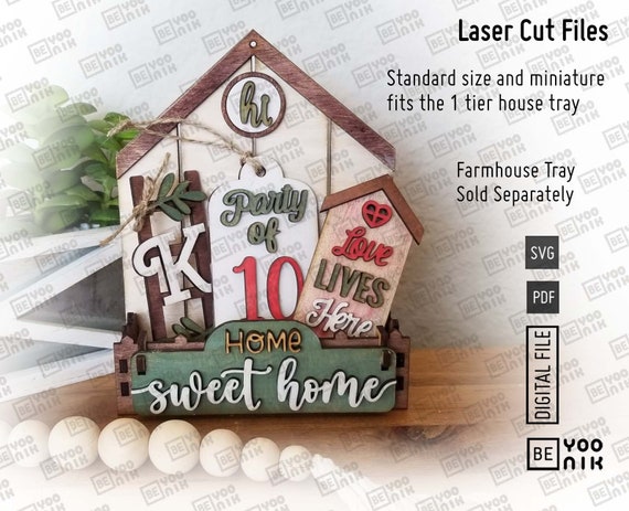 Home Sweet Home Tiered tray laser files in SVG and PDF files, set of 5 signs for our trays. MINI and Standard size. Family Initial Alphabet