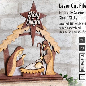 Scena Narodzenia Józef i Dzieciątko Jezus Stojący na Półce Pliki do cięcia laserowego w formatach SVG i PDF, Święta noc SVG, Pliki Laser Glowforge