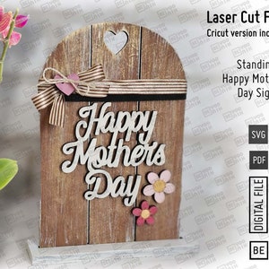 Joyeuse fête des mères, maman debout, fichiers découpés au laser en SVG et PDF, version Cricut, taille Mini et standard, svg laser Craft pour enfant, à rabat