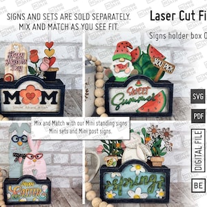 Porta cartelli in scatola, solo file tagliati al laser pronti in formato SVG e PDF. Cornice in cui puoi inserire i nostri mini cartelli e fessure nella parte superiore per decorarli.