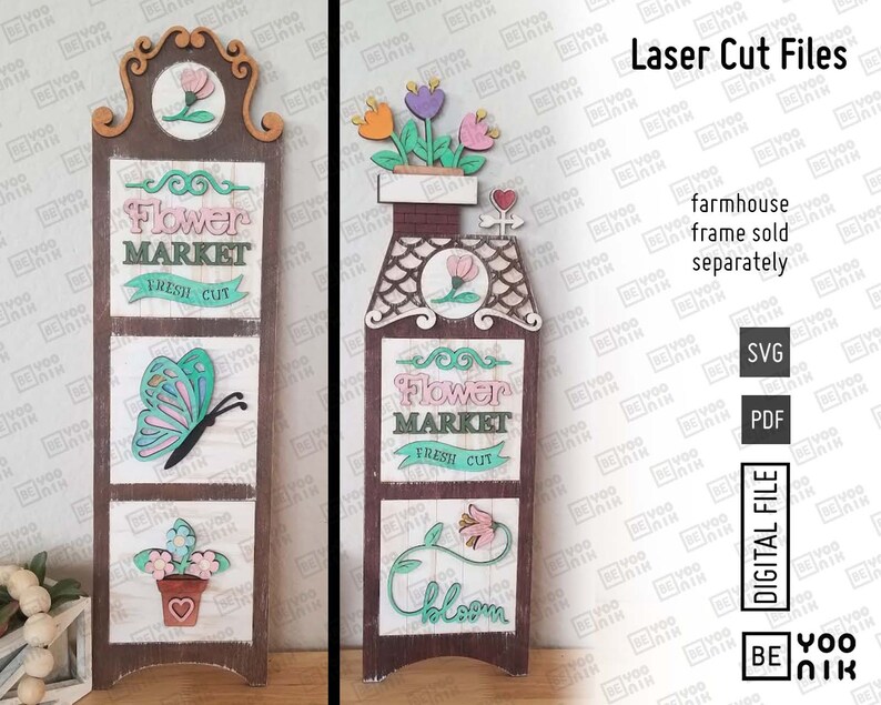 Puede incluir: Un dise&ntilde;o de archivo de corte por l&aacute;ser para un letrero de mercado de flores de estilo farmhouse. El letrero presenta un marco de madera con una maceta, una mariposa y el texto "Flower Market" y "Fresh Cut".