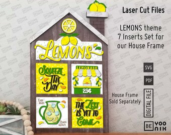 7 Lemons Themed Interchangeable Inserts Set - Laser cut files in SVG and PDF. Lemons Tiered Tray  Glowforge SVG, Lemonade Stand laser files