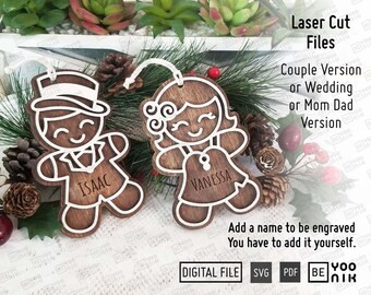 Adorno de jengibre para pareja en SVG y PDF. Adornos para mamá y papá en archivos láser. Adorno de boda Glowforge SVG. Adorno navideño cortado a láser.