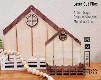 Farmhouse 1 Tier Display Shelf stand Laser Cut Ready FIles in SVG and PDF. Standard Size and Miniature Size included. Glowforge Tiered