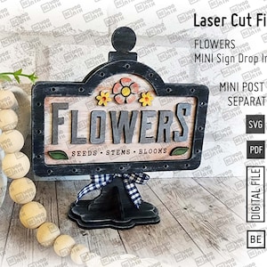 Aggiungi il mini cartello "FIORI" in formato SVG e PDF per il nostro mini post. Cornice intercambiabile con semi, steli e fiori di fiori, 5,5" x 3,25".