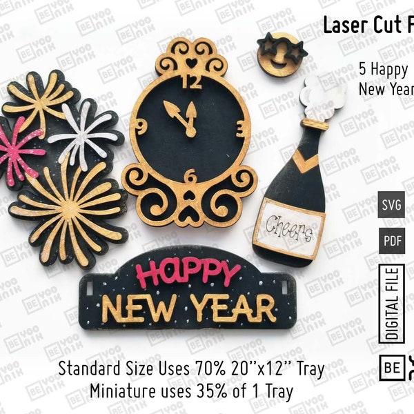 Happy New Year laser cut files in SVG and PDF 5 signs set for our cart, truck and house, Mini and Standard, Firework, Cheers, Midnight Clock