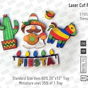 Fiesta, Party 5-borden Mini- en standaardformaat, vrachtwagen en bord passen alleen op de minilaserbestanden in SVG- en pdf-bestanden. Piñata, met cactussen gelaagd