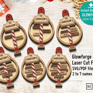 Family Ornament Diy, SVG and PDF Files, North Pole theme, Christmas Post Sign, Laser Cut File. Includes family of 2 through 7. Glowforge