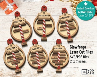 Family Ornament Diy, SVG and PDF Files, North Pole theme, Christmas Post Sign, Laser Cut File. Includes family of 2 through 7. Glowforge