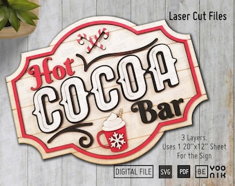 Christmas Hot Cocoa bar Sign laser cut files in SVG and PDF, Chocolate Bar Sign Laser cut vector, Glowforge Hot Cocoa Bar, Christmas Sign