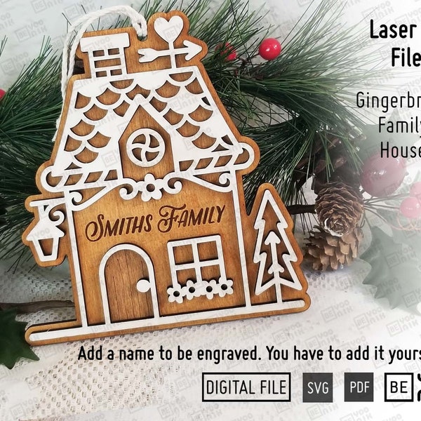 Lebkuchen-Haus Ornament in SVG, PDF. Familie Ornament Laser-Dateien, Familie Haus Ornament Glowforge SVG, Weihnachtsverzierung Laser geschnitten