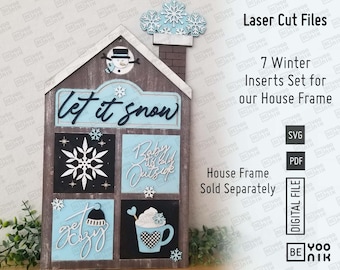 Insertos intercambiables "Let It Snow". Archivos cortados a láser en SVG y PDF. Insertos "Hola Invierno". Archivos láser para bandejas de niveles Glowforge SVG.