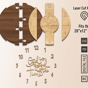 May include: A laser cut ready wooden clock design with the words "God is good all the time" and numbers 1 through 12. The clock is designed to fit a 20 inch by 12 inch tray. The design is available in SVG and PDF formats.