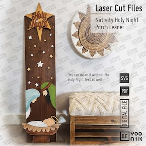 Nativity Scene Mary Joseph and Baby Jesus Porch Vertical Leaner Laser Cutting Files in SVG and PDF, Holy night SVG,  Laser Glowforge Files