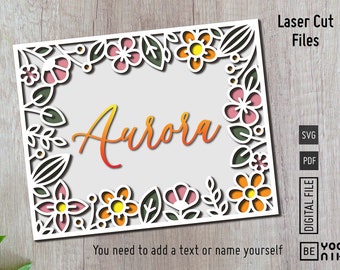 Rectangle Flowers border for laser cutting in SVG and PDF. Nursery Flower name sign laser file. Flower glowforge file, laser cut vector