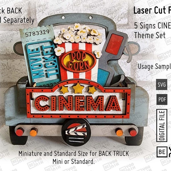 CINEMA Movie theme tiered tray set of 3 signs for our tier trays laser files in SVG and PDF files, Glowforge, Home Movie day Tiered Tray