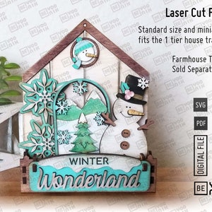 Pliki wycinane laserowo na tacę z warstwami Winter Wonderland w formatach SVG i PDF, 5 znaków do naszego wózka, ciężarówki i domu, ciężarówka świąteczna, pliki wycinane z bałwanem