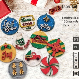 10 kerstversieringenbundel 1 lasergesneden bestanden in SVG, pdf. Glowforge Ornaments SVG, kerstornament Lasergesneden bestand, kerstgesneden