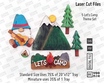 May include: Laser cut files for a 5 piece Let's Camp theme set. The set includes a gnome holding a ukulele, a mountain with a sun, two pine trees, a campfire, and a tent. The text "Let's Camp" is on a wooden sign. The standard size uses 75% of a 20 inch by 12 inch tray, and the miniature size uses 35% of a tray.