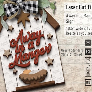 Door hanger Away in a Manger Christmas Mittens Sign Laser Cutting Files in SVG and PDF, leaning Baby Jesus Sign svg, Christian Christmas