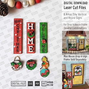 May include: Six laser cut Christmas signs for a dollhouse. The signs are red, green, and white with the words "Merry Christmas", "Home", and "Welcome". There are also three round signs with a holly wreath, a bow, and a stack of ornaments.