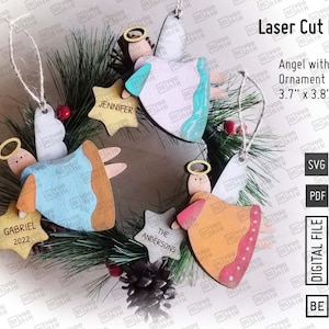 Primitive Angel Holding a Star Customizable Name Ornament laser cut files in SVG, PDF Glowforge Ornaments SVG, custom angel name ornament.